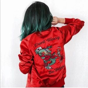 Valfre Red Satin Embroidered Bomber Jacket NWOT